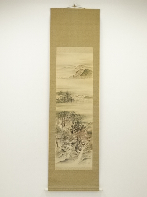 大河内夜江筆　秋景山水　肉筆絹本掛軸（保護箱）